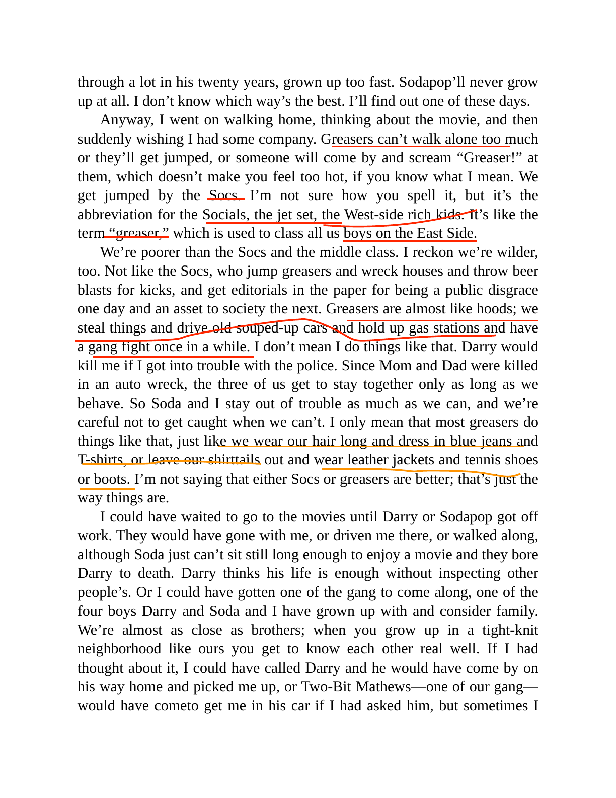 Example of Chapter 1 with student annotations showing class signifiers, social boundaries, and margin notes